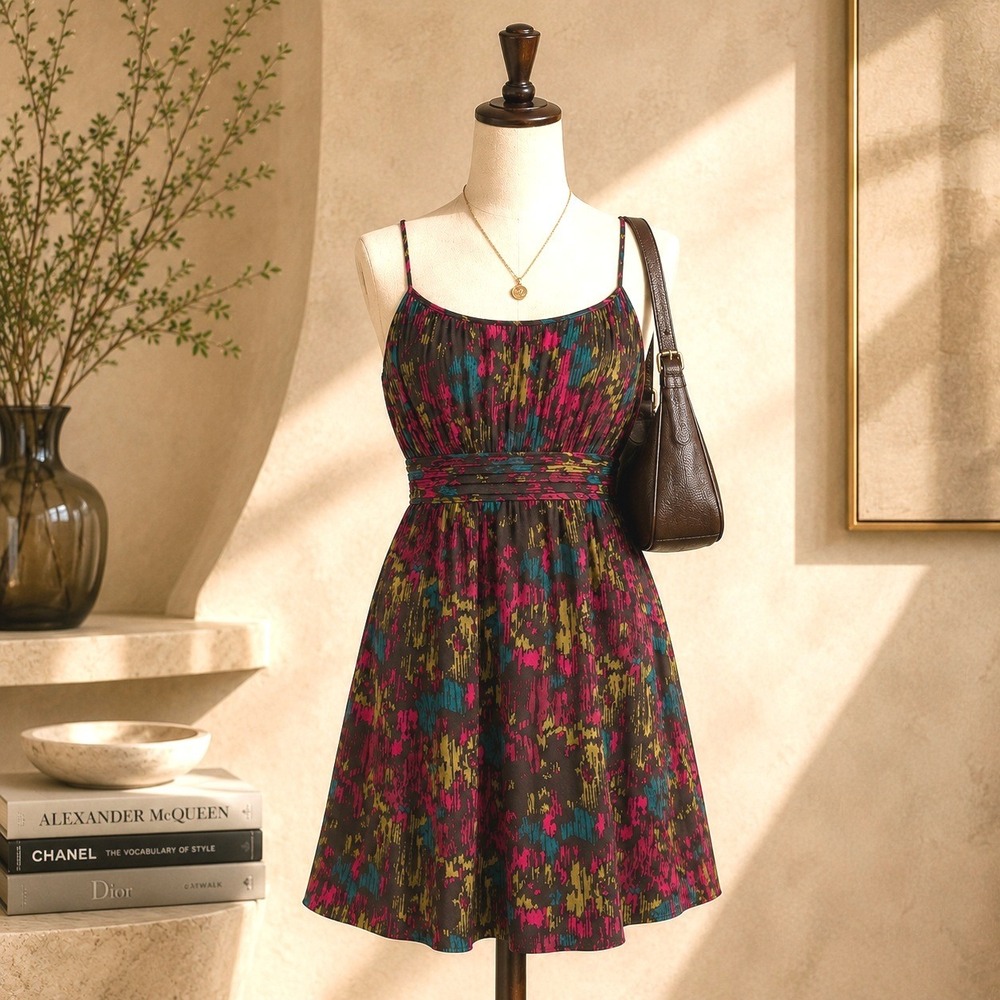 Y2K Silk Blend Mini Sun Dress 6 Abstract Ikat Print Boho Indie Sleaze Pink Brown